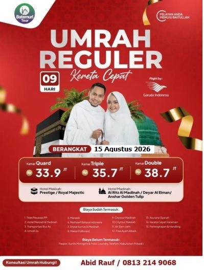 Umrah Reguler 9 Hari, Kereta Cepat, Btt Ahz, Keberangkatan 15 Agustus 2026